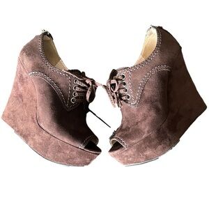 Miu Miu Dark Brown Size 5 Suede Peep Toe Wedge Bootie Shoes Lace Up Heels Luxury